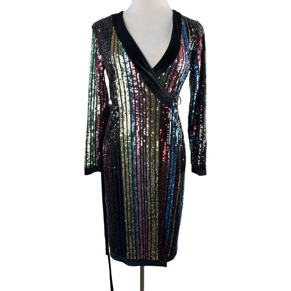 Lulu's Pretty Prismatic Rainbow Striped Sequin Midi Robe Dress TS Era's Style S - Picture 9 of 15